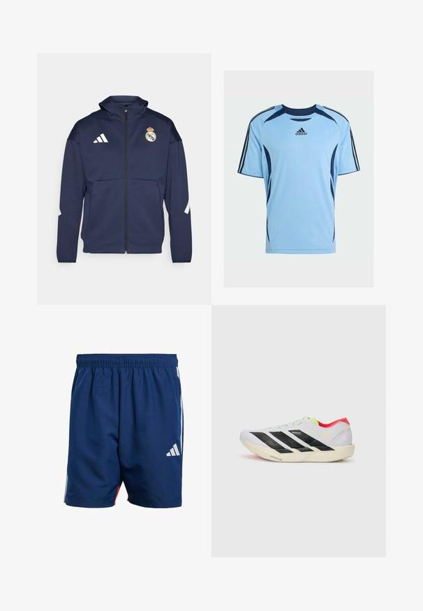 Marineblauwe zip-up jas met capuchon, voorzien van het witte Adidas-logo en het Real Madrid-embleem. Gemaakt van gladde stof met zijzakken.; Lichtblauwe sportshirt met korte mouwen en marineblauwe accenten, kenmerkend door een geribbelde textuur en drie zwarte strepen op de schouders. Adidas-logo zichtbaar.; Marineblauwe sportshorts met een elastische tailleband, zijstrepen in het wit en een klein wit logo op de linkerpijp. Lichtgewicht materiaal.; Witte hardloopschoen met zwarte strepen, neon groene accenten en een rode hak. Beschikt over een lichtgewicht ontwerp en een gestructureerde zool voor grip.