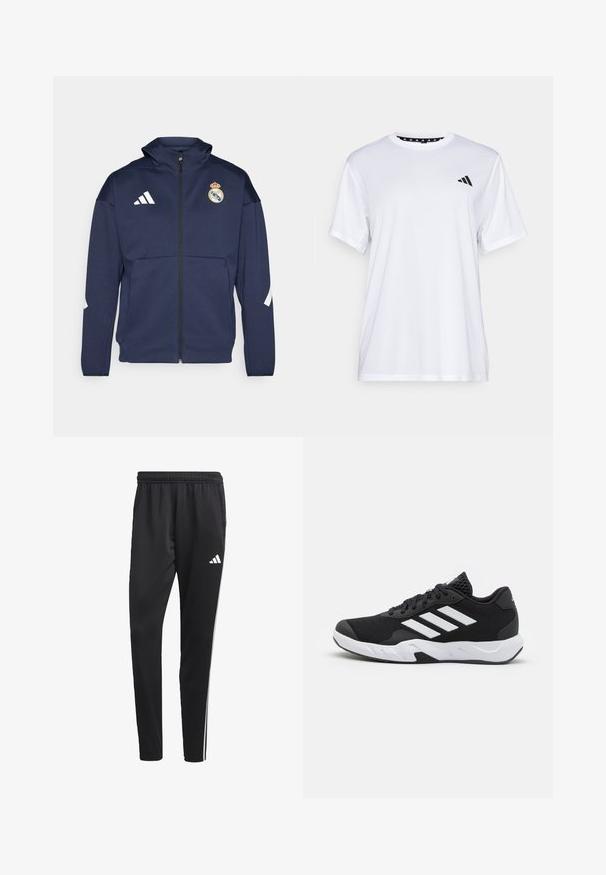 Mörkblå zip-up jacka med huva, har vit Adidas-logga och Real Madrid-emblem. Tillverkad av mjukt tyg med sidofickor.; Vit sporttopp med kort ärm, tillverkad av fukttransporterande tyg. Har en svart logotyp på vänster bröst och ett mönstrat inre halsringning.; Svarta träningsbyxor med elastisk midja, vita sidostreck och en liten vit logotyp på låret. Tillverkade av ett slätt, lätt material.; Svarta sportskor med ett texturerat nätövre, vita accentlinjer, en dämpad sula och en förstärkt häl för stöd.