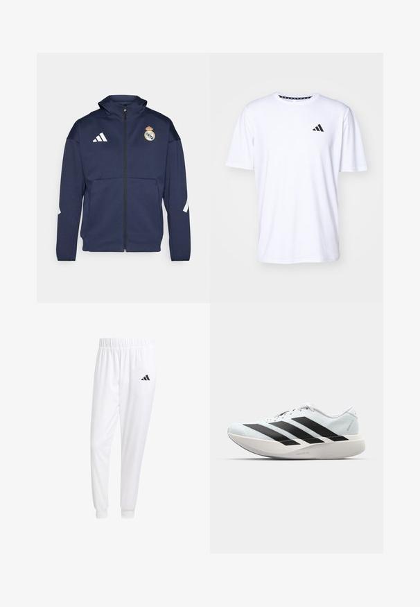 Námornícky zipsový kabát s kapucňou, má biele logo Adidas a erb Real Madrid. Vyrobený z hladkej tkaniny so bočnými vreckami.; Biela krátkoprstá tričko vyrobené z látky s hladkou textúrou. Má čierne logo adidas na ľavej hrudi a vzorovaný golier.; Biele športové nohavice z hladkej tkaniny, s elastickým pásom a priliehavými manžetami, s čiernym logom na zadnej vrecku.; Ľahké bežecké topánky v svetlomodrej farbe s čiernymi pruhmi. Majú hladký zvršok, okrúle špičky a hrubú bielu medzipodrážku označenú "LIGHTSTRIKE PRO."