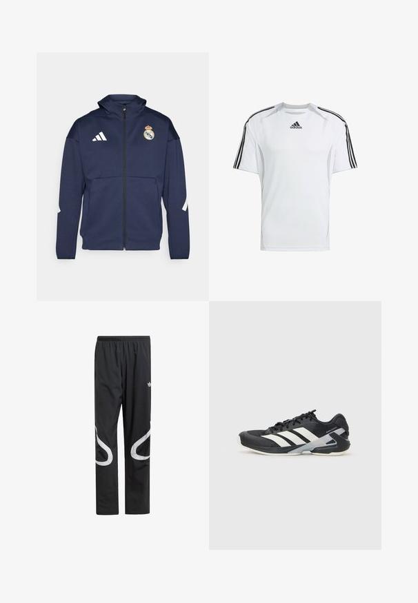 Mörkblå zip-up jacka med huva, har vit Adidas-logga och Real Madrid-emblem. Tillverkad av mjukt tyg med sidofickor.; Vit kortärmad träningsskjorta med svarta Adidas tre-stripes detaljer på axlarna, tillverkad av smidigt, lättviktigt tyg.; Svarta träningbyxor med elastisk midja, med stora vita böjda detaljer på sidorna och en liten logotyp på övre låret.; Svart atletisk sko med vita ränder, mesh-övre, rund tå och dämpad sula. Har en strukturerad häl och ett säkert snörningssystem.