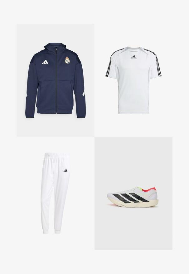 Veste zippée navy avec capuche, présentant le logo Adidas blanc et le blason du Real Madrid. Fabriquée en tissu lisse avec des poches latérales.; T-shirt athlétique blanc à manches courtes avec des accents noirs en trois bandes Adidas sur les épaules, fabriqué en tissu lisse et léger.; Pantalons de sport blancs en tissu lisse, dotés d'une taille élastique et de poignets ajustés, avec un logo noir sur la poche arrière.; Baskets de course blanches avec des rayures noires, des accents vert fluo et un talon rouge. Caractérisées par un design léger et une semelle texturée pour une meilleure adhérence.