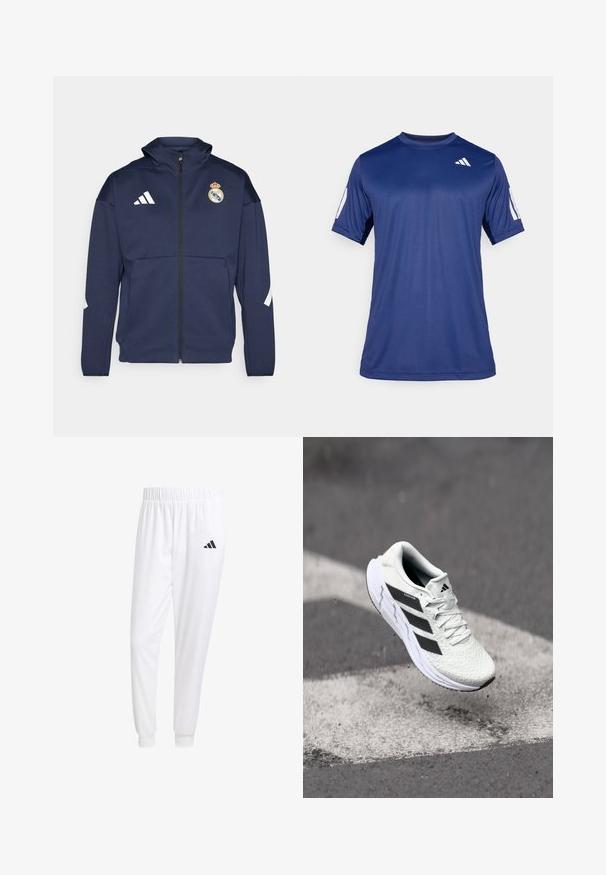 Giacca zip-up blu navy con cappuccio, presenta il logo bianco Adidas e lo stemma del Real Madrid. Realizzata in tessuto liscio con tasche laterali.; Maglietta atletica blu navy a maniche corte realizzata in tessuto morbido, con scollatura a girocollo e dettaglio del logo bianco sulla parte superiore sinistra del petto.; Pantaloni sportivi bianchi realizzati in tessuto liscio, con una vita elasticizzata e polsini aderenti, dotati di un logo nero sulla tasca posteriore.; Scarpa sportiva bianca con tomaia in rete testurizzata, strisce nere, chiusura con lacci e suola ammortizzata, che levita sopra una superficie stradale segnata.