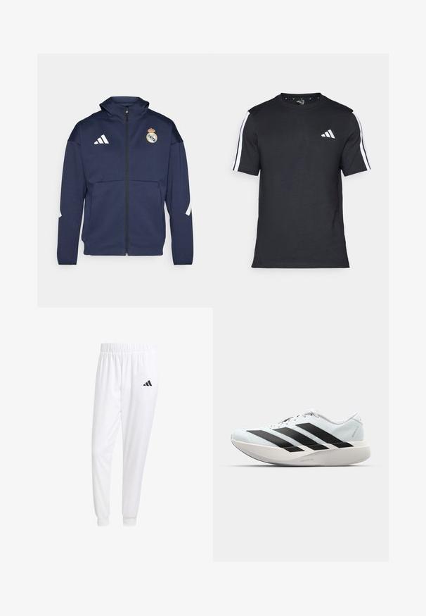 Jūras spēku zips jakas ar kapuci, ar balto Adidas logotipu un Real Madrid emblēmu. Izgatavota no gludas auduma ar sānu kabatām.; Melna kokvilnas T-kreklā ar īsām piedurknēm, uz kurām ir baltas svītras plecu daļā un balts logos kreisajā krūtīs.; Baltas sporta bikses, kas izgatavotas no gludas auduma, ar elastīgu jostu un pieguļošiem uzmavām, ar melnu logotipu aizmugurējā kabatā.; Gaiši zili vieglie skriešanas apavi ar melniem svītrainiem. Iezīmēti ar gludu augšpusi, apaļu purngalu un biezāko balto vidējo zoli, kurā ir uzraksts "LIGHTSTRIKE PRO."