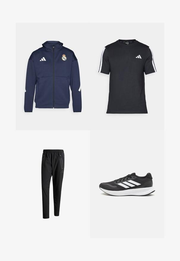 Chaqueta navy con cremallera y capucha, presenta el logo blanco de Adidas y el escudo del Real Madrid. Fabricada en tejido suave con bolsillos laterales.; Camiseta negra de algodón de mangas cortas, con rayas blancas en los hombros y un logo blanco en el lado izquierdo del pecho.; Pantalones deportivos negros con una cintura elástica, dos bolsillos laterales con cremallera, piernas ajustadas y un discreto detalle de logo en la cadera.; Zapatilla deportiva negra con parte superior de malla transpirable, acentos en blanco y una suela acolchada. Presenta el logo de tres rayas en el costado.