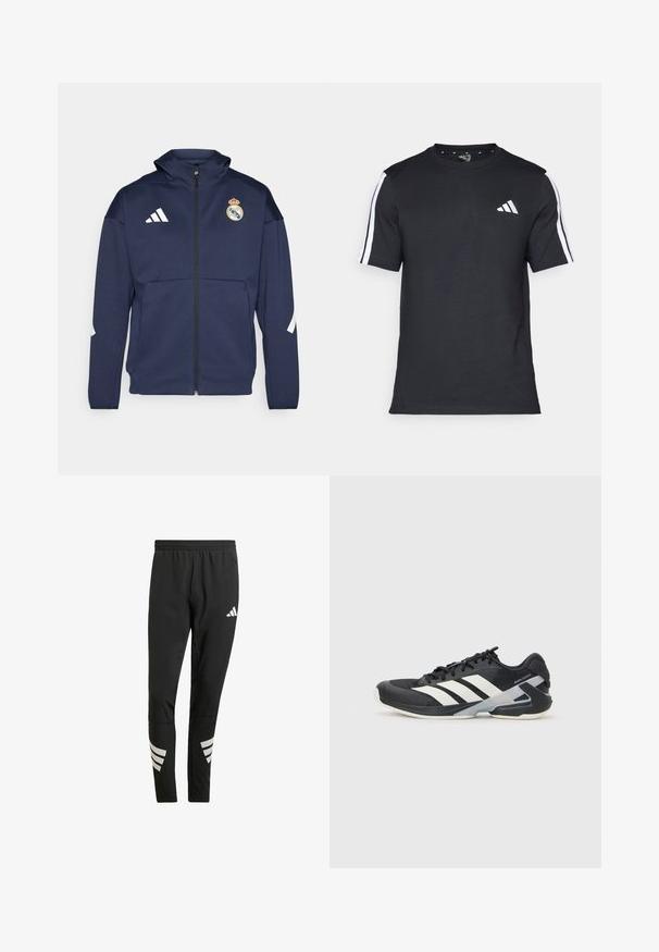 Námornícky zipsový kabát s kapucňou, má biele logo Adidas a erb Real Madrid. Vyrobený z hladkej tkaniny so bočnými vreckami.; Čierne tričko z bavlny s krátkymi rukávmi, s bielymi pruhmi na pleciach a bielym logom na ľavej hrudi.; Čierne športové nohavice s elastickým pásom, s reflexnými bielymi akcentmi v pruhovanom vzore na dolnej časti nôh. Vyrobené z hladkej tkaniny.; Čierna športová obuv s bielymi pruhmi, sieťovinový zvršok, zaoblená špička a polstrovaná podrážka. Obsahuje štruktúrovaný opätok a bezpečný systém šnurovania.