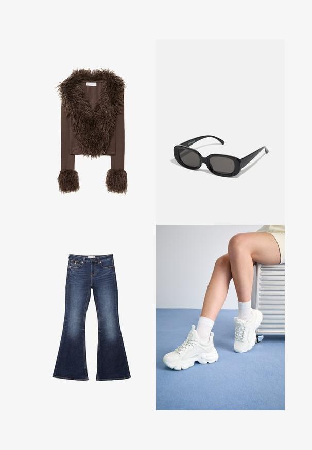 Brown ribbed cropped jacket with a shaggy faux fur collar and cuffs, featuring textured fabric and a v-neck design.; White off-the-shoulder top with ruffled edges, smocked bodice, flared hem, and lightweight fabric featuring a subtle texture.; Dark blue flared jeans with a waistband, five-pocket design, stitching accents, and a smooth denim texture.; White lace-up sneakers with a chunky sole, featuring smooth synthetic material, textured accents, and a pull tab on the heel.; Black rectangular sunglasses with dark lenses. Thick plastic frame, smooth texture, and rounded edges. Stylish temples extend outward.