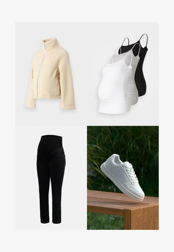 Jaqueta de fleece creme com gola alta, fecho frontal e dois bolsos de patch. Apresenta uma superfície suave e texturada e mangas largas.; Três tops de maternidade sem mangas em branco, cinza e preto. Tecido elástico com alças ajustáveis e costuras laterais franzidas para maior conforto.; Calças de maternidade pretas com cintura alta elástica e pernas slim-fit, projetadas para oferecer conforto e apoio durante a gravidez.; Sapatilha branca com um cabedal sintético liso, caixa dos dedos perfurada, atacadores planos e uma sola texturizada, exposta sobre uma superfície de madeira.