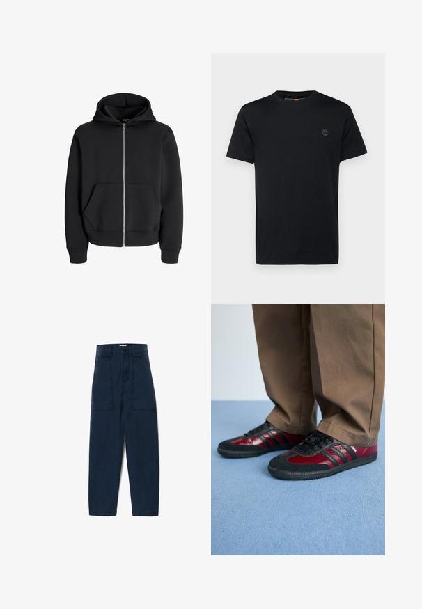 Felpa nera con zip in misto cotone, dotata di cappuccio con lacci, tasche frontali e polsini a coste. Texture liscia con zip argentata.; T-shirt in cotone nero con collo a giro, maniche corte e un piccolo logo ricamato sul petto. Texture liscia, vestibilità classica.; Pantaloni blu navy a vita alta con taglio dritto, dotati di due ampie tasche frontali e un tessuto leggermente texturizzato. Chiusura con bottone semplice.; Scarpe da ginnastica nere e bordeaux in pelle e scamosciato, con lacci neri e tre strisce nere di lato. Suola in gomma.