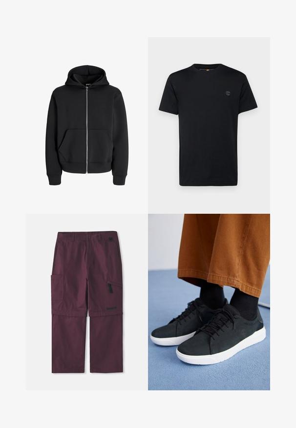 Melnā kokvilnas maisījuma kapuce ar rāvējslēdzēju, piedāvā aukliņu apvalkā, priekšējām kabatām un ribotām aprocēm. Gluda tekstūra ar sudraba rāvējslēdzēju.; Melna kokvilnas T-krekls ar apaļu apkakli, īsām piedurknēm un mazu izšūtu logo uz krūšu. Gluda tekstūra, klasiskā piegriezuma.; Burgundijas krāsas cargo konvertējamās bikses ar sānu rāvējslēdzēja kabatu un Timberland logo uz labās kājas, attēlots pagarināts iekšējais šuves garums.; Melnas zamšādas kedas ar baltām gumijas zolēm, ar saistāmām auklām, tekstūrētām detaļām un diskrētu zīmolu, apvienotas ar brūniem biksēm.