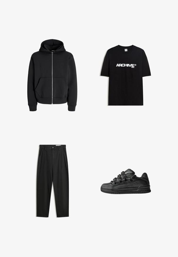 Black zip-up hoodie made of cotton blend, featuring a drawstring hood, front pockets, and ribbed cuffs. Smooth texture with silver zipper.; Black cotton T-shirt featuring a white "ARCHIVE inc." logo across the chest, short sleeves, and a crew neckline.; Black cotton trousers with a relaxed fit, featuring a classic waistband, front pleats, and side pockets. Smooth texture without patterns.; Black sneakers with a smooth leather upper, textured accents, and round black and white laces. Thick rubber sole with a patterned tread.