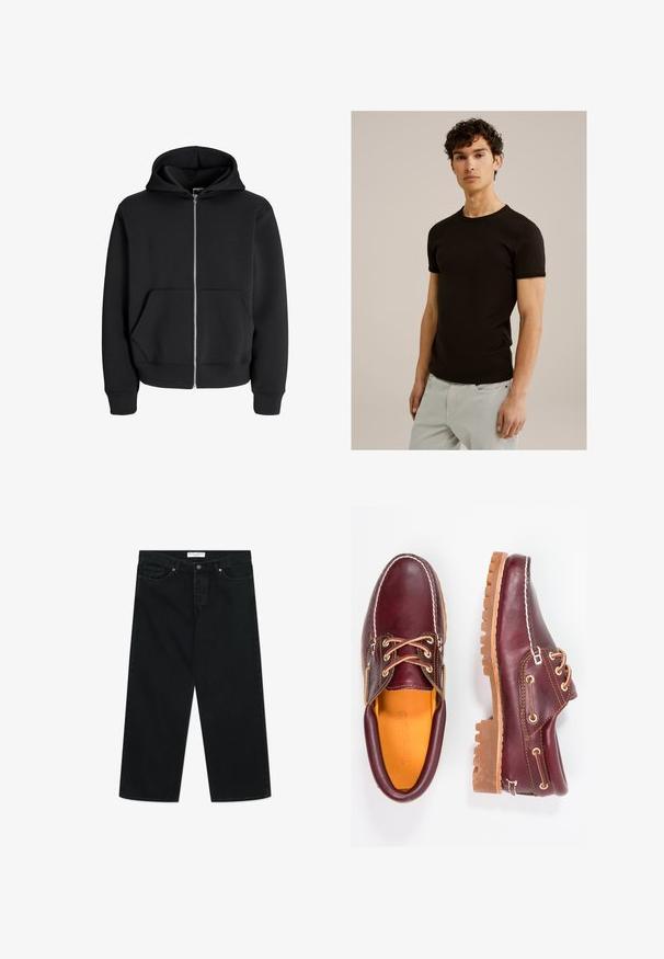 Felpa nera con zip in misto cotone, dotata di cappuccio con lacci, tasche frontali e polsini a coste. Texture liscia con zip argentata.; T-shirt nero a maniche corte con scollatura rotonda, realizzato in un tessuto morbido ed elastico. La vestibilità è slim, progettata per aderire al corpo.; Jeans neri a gamba larga in tessuto denim, con chiusura frontale a bottone, passanti per cintura e tasche. Texture liscia, design minimalista.; Scarpe in pelle bordeaux con suole in gomma marrone, punta rotonda, cuciture bianche e occhielli dorati. L'interno presenta un rivestimento giallo.