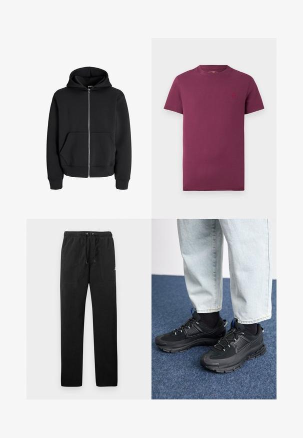 Svart hettegenser med glidelås laget av en bomullsblanding, med snorlåshette, frontlommer og ribbede mansjetter. Glatt tekstur med sølvglidelås.; Burgunderfarget t-skjorte med kort erm laget av bomull, med rund hals og en liten brodert logo på venstre bryst. Jevn tekstur.; Sorte joggebukser laget av fleece, med elastisk liv med snøring, to frontlommer og en liten logo på låret.; Svarte sportssko med teksturert stoff og gummisåler, med elastiske lisser og en blå detalj på hælen. Brukt med lyse denimbukser.