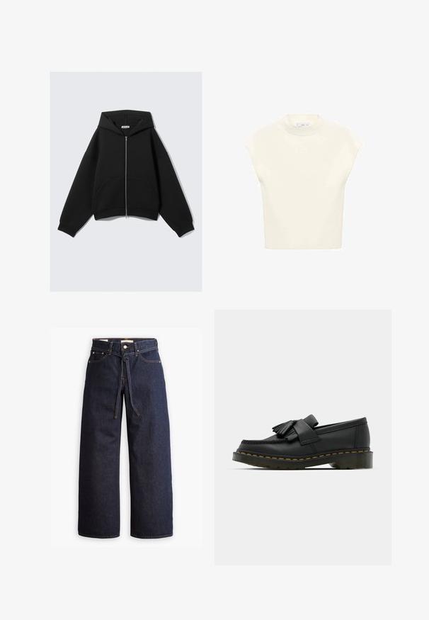 Zwarte crop hoodie gemaakt van zachte stof, voorzien van een volledige rits, grote voorzakken en een capuchon met trekkoorden in een comfortabele pasvorm.; Korte mouwen, licht crèmekleurig topje met een ronde hals, gemaakt van zachte stof. Heeft een ontspannen pasvorm en een gladde textuur, geschikt om te dragen in laagjes.; Wijd pijpjes donkerblauwe denim jeans met een hoge taille, voorzien van een trekkoord, vijf zakken en contrasterende stiksels.; Zwarte leren loafers met een ronde neus, voorzien van een franjesdetail en een decoratieve band aan de voorkant, geplaatst op een chunky hak.