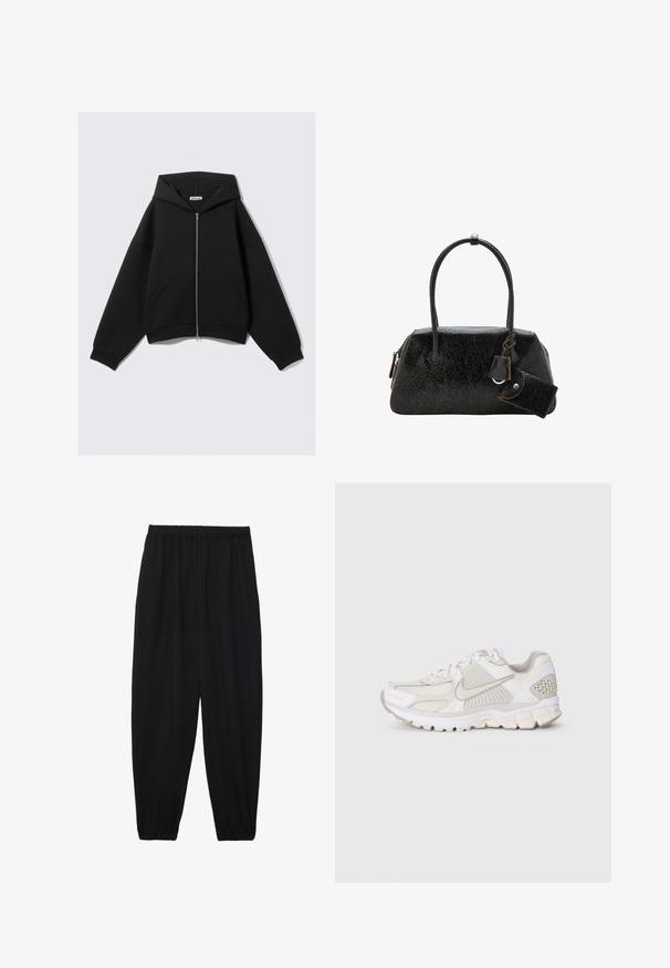 Hoodie nero a manica corta realizzato in tessuto morbido, caratterizzato da una zip completa, ampie tasche frontali e cappuccio con cordino, dal taglio rilassato.; T-shirt in cotone nero con maniche corte, caratterizzato da una grafica "Nike Tennis Club" verde e bianca, illustrazioni di palline da tennis e racchette.; Pantaloni neri leggeri con vita elastica e caviglie arricciate. Il tessuto è liscio e presenta un design rilassato e affusolato.; Scarpa atletica bianca realizzata in materiali in rete e sintetici. Presenta un design testurizzato, colletto imbottito e accenti geometrici sul tallone.; Borsa a tracolla nera in pelle texturizzata con due manici, pochette piccola attaccata e chiusura con zip, esposta su sfondo bianco.