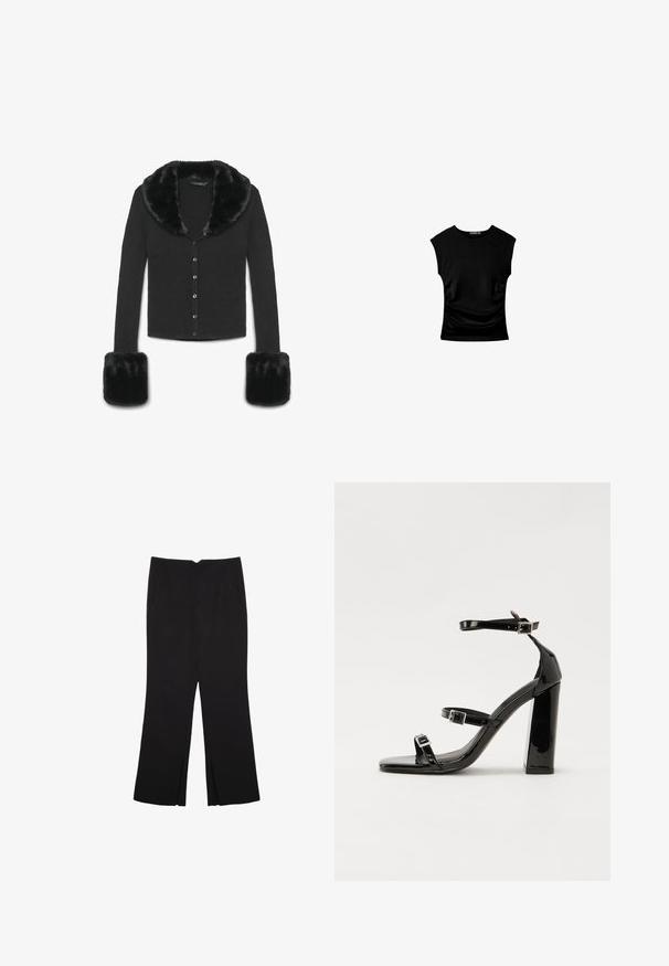 Calliope Strickjacke - ultrablack; Schwarzes kurzärmliges Oberteil mit tailliertem Schnitt, das seitliche Raffung und einen glatten, dehnbaren Stoff für zusätzlichen Komfort aufweist.; Schwarze Hose mit geradem Schnitt, ausgestattet mit Fronttaschen und Seitenschlitzen am Saum. Hergestellt aus weichem, glattem Stoff. Geeignet für verschiedene Anlässe.; Schwarze patentierte Sandalen mit Absatz, quadratischer Spitze, Knöchelriemen und silbernen Schnallen. Mit einem stabilen Blockabsatz für mehr Stabilität.