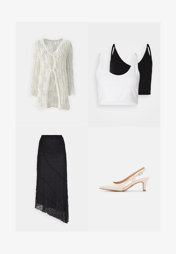 ONLY ONLLIZZY LONG CARDIGANNT - Kardigán - pumice stone; Két pamut crop top fehér és fekete színben. Mindkettő mély nyakkivágással és vékony vállpántokkal rendelkezik, sima, puha textúrával.; Fekete csipke felső, vállnélküli kivágással, hosszú harangujjakkal és hullámos szegélyekkel. Texturált virágmintázat az egész felsőn.; ONLY ONLKIM LACE SKIRT - Maxiszoknya - black; Fehér slingback sarok, hegyes orral, sima felső anyaggal, alacsony blokk sarkával és oldalsó kivágott dizájnnal, állítható csatpánttal.