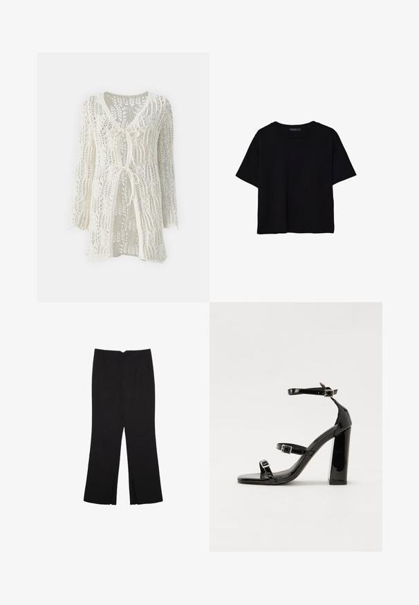 ONLY ONLLIZZY LONG CARDIGANNT - Neuletakki - pumice stone; Mustat lyhyet hihavat t-paidat, jotka on valmistettu puuvillasta. Ominaisuuksiin kuuluu pyöreä kaula-aukko ja löysä istuvuus sekä sileä, yksinkertainen pinta. Ei näkyviä kuvioita tai koristeita.; Mustat housut suoralinjaisella leikkauksella, joissa on etutaskut ja sivurei'ät helman alla. Valmistettu pehmeästä ja sileästä kankaasta. Sopii eri tilaisuuksiin.; Musta kiiltävä korkokenkä sandaalit neliönmuotoisella varpaalla, nilkkaremmillä ja hopeisilla soljilla. Varustettu tukevalla lohkokorkealla vakauden takaamiseksi.