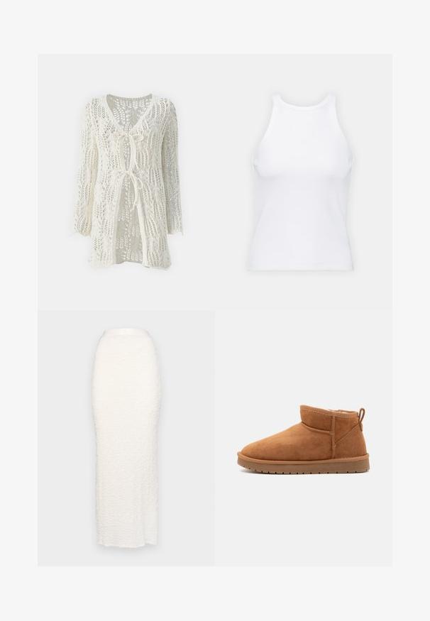 ONLY ONLLIZZY LONG CARDIGANNT - Kardigán - pumice stone; Biela bezrukávová tielko vyrobené z rebrovanej látky, s okrúhlym výstrihom a priliehavým strihom, s minimálnymi švami a bez ozdôb.; Gina Tricot STRUCTURE MAXI SKIRT - Maxisukňa - white; Call it Spring JAMIELEE - Zimné čižmy - camel