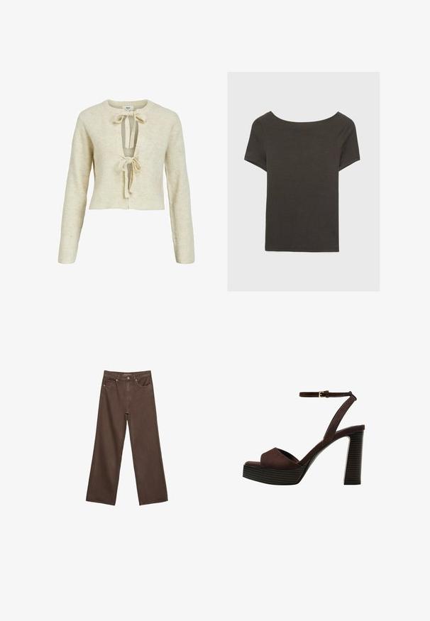 Pull en maille côtelée beige à manches longues, design court et décolleté en V profond avec deux liens à l'avant. Texture douce et matériau en tricot.; Haut à manches courtes gris foncé avec un col bateau. Fabriqué en tissu côtelé, il présente une coupe décontractée et un ourlet propre. Design simple, sans motifs.; Jean brown à jambes larges en denim, doté d'une taille haute, de poches avant et d'une fermeture à bouton classique. Texture lisse avec des coutures subtiles.; Sandale à talons hauts en suede marron avec un bout ouvert, une bride de cheville réglable et une semelle de plateforme rayée.