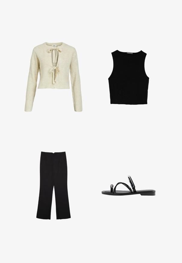 Beige ribbed sweater with long sleeves, cropped design, and a deep V-neck featuring two front ties. Soft texture and knitted material.; Black sleeveless crop top made of smooth fabric, featuring a round neck and a clean, simple design without patterns or hardware.; Black trousers with a straight fit, featuring front pockets and side slits at the hem. Made of soft, smooth fabric. Suitable for various occasions.; Black flat sandals featuring a glossy finish, three thin straps, and a circular hardware detail at the toe. Sleek design with a minimal heel.