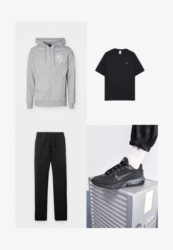 Felpa grigia con zip, dotata di tasca frontale, cappuccio con coulisse e logo bianco sul petto a sinistra. Realizzata in morbido tessuto testurizzato.; T-shirt Nike nera realizzata in cotone, con scollo rotondo e maniche corte. Include un piccolo logo Nike bianco sul lato sinistro del petto.; Pantaloni sportivi neri in felpa, dotati di cintura elastica con cordini, due tasche anteriori e un piccolo logo sulla coscia.; Nike Sportswear PULSE - Sneakers basse - black/anthracite