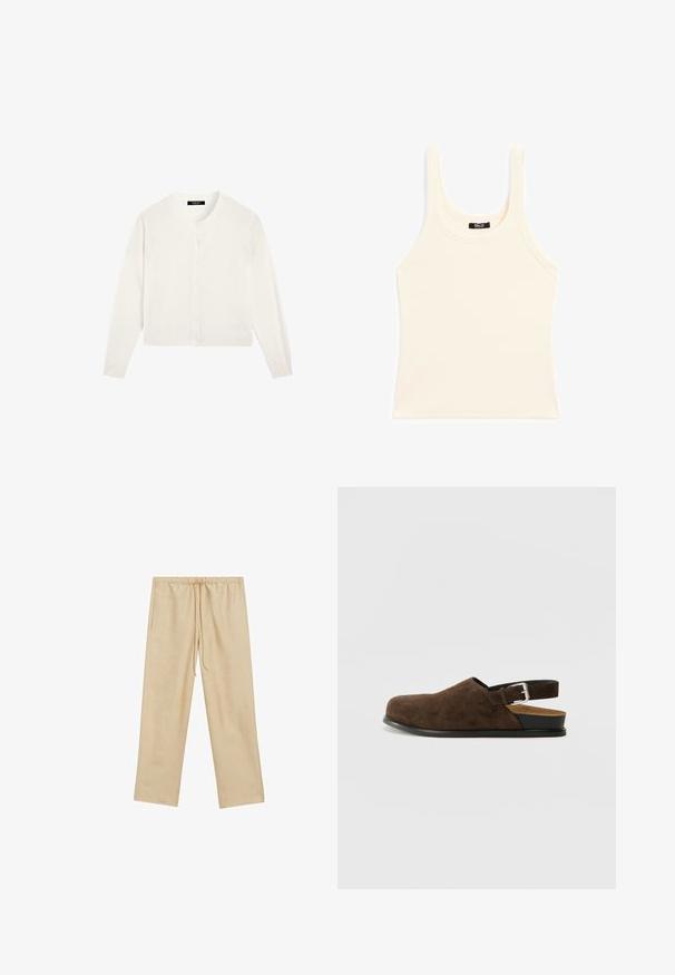 Cardigan bianco a maniche lunghe con scollatura tonda e otto bottoni sul davanti, realizzato in un tessuto morbido e leggero.; Canottiera light beige in tessuto a costine, con scollatura rotonda e spalline spesse, dalla forma aderente e con dettagli minimi.; Pantaloni beige chiaro, dalla vestibilità ampia, con un elastico in vita e cordoncino. Presentano due tasche laterali e una texture liscia.; Scarpa slip-on in suede marrone con tacco basso, cinturino regolabile con fibbia argentata e suola in gomma nera.