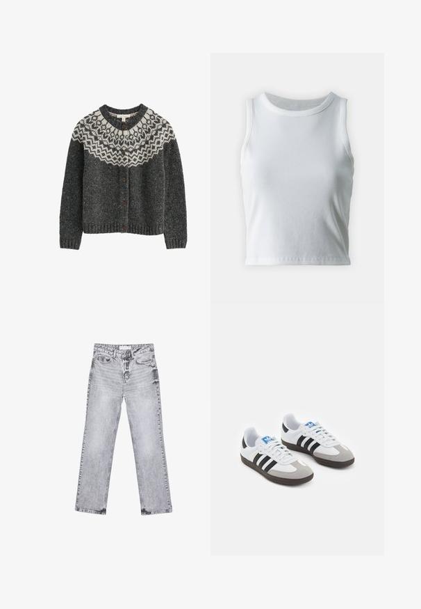 Grå stickad cardigan med en ljus mönstrad ok, rundad hals och bruna knappar. Ribbad mudd och nederkant. Mjuk textur.; Vit ribbad linne med rund halsringning och ärmlös design, med en rak nederkant och en smidig, elastisk textur.; Grå denimjeans med rak benpassform, slitna detaljer, fem fickor och kopparnitar. Midjan har en logotagg.; Sportskor med överdel i vit läder, grå mocka på tårna och tre svarta ränder. Har en blå logotyp på tungan och en texturerad gummisula.