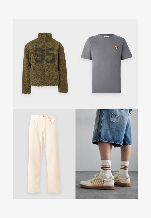 Olive green, fleece jacket with a high collar, zip closure, and cropped design. Features a large black "95" printed on the front.; Gray cotton t-shirt featuring a small orange fox head embroidery above the left chest. Crew neck, short sleeves, and a classic fit.; Light beige denim jeans with a straight-leg design, five pockets, and a front button closure. Stitching visible along seams.; Beige retro sneakers with brown rubber sole, featuring striped accents and embroidered logos. Worn with white socks, striped brown detail.