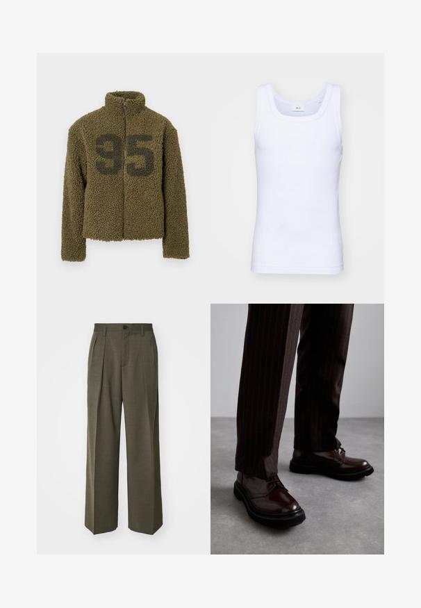 Olijfgroene fleecjacket met een hogere kraag, ritssluiting en verkort ontwerp. Kenmerkt zich door een groot zwart "95" op de voorkant.; Witte katoenen mouwloze tanktop met een ronde halslijn, met een gladde textuur en een aansluitende pasvorm, ontworpen voor casual gebruik.; Filippa K WIDE TROUSERS - Broek - driftwood; Bruine leren veterschoenen met een glanzende afwerking, zwarte rubberen zool en subtiele stiksels. Draag ze met bruin gestreepte broek.