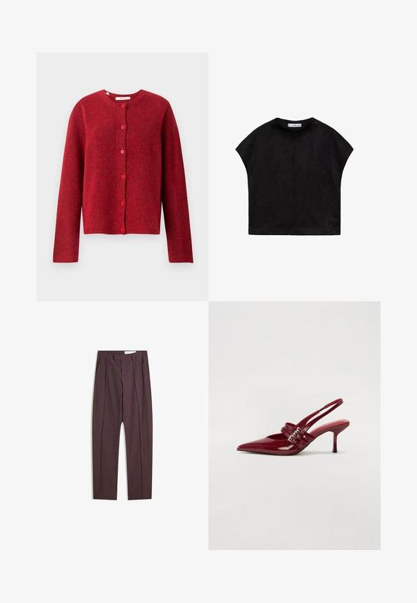 Selected Femme SLFLULU NEW NOOS - Cardigan - equestrian red; Black short-sleeve top made of soft fabric, featuring a rounded neckline and a loose, boxy shape with visible stitching at the back.; Purple striped trousers with pleats, featuring a high waist and straight-leg design. Made from a smooth, textured fabric.; Red patent leather slingback heels with a pointed toe, two buckle straps, and a slim, mid-height stiletto heel. Smooth texture.