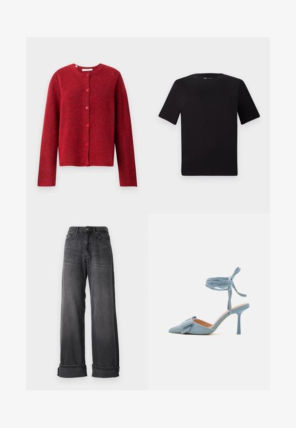 Selected Femme SLFLULU NEW - Chaqueta de punto - equestrian red; Camiseta negra de manga corta con cuello redondo, fabricada en suave algodón. Diseño simple, sin logos ni patrones visibles.; Jeans de pierna ancha en denim gris oscuro, con una cintura alta, cinco bolsillos y puños enrolados para un detalle adicional. Textura suave con desvanecidos sutiles.; Zapato de tacón alto de punta afilada en tela azul claro con un acabado texturizado, que presenta un lazo decorativo y una correa en el tobillo para un ajuste seguro.