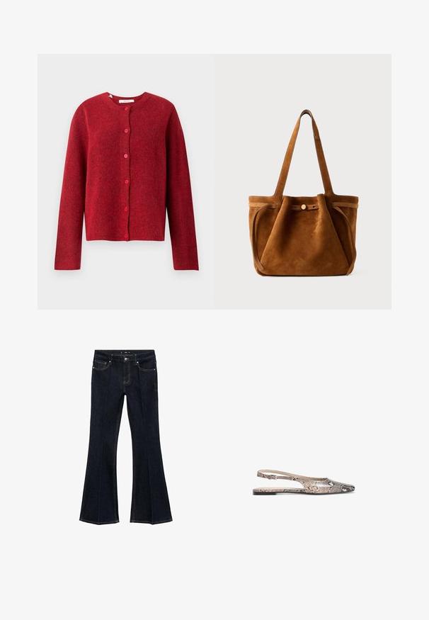 Selected Femme SLFLULU NEW NOOS - Neuletakki - equestrian red; Valkoinen lyhythihainen t-paita, joka on valmistettu puuvillasta ja jossa on pyöreä kaula-aukko. Tasainen pinta ja suora leikkaus, ilman kuvioita tai koristeita.; Tummansinisiä farkkuhousuja, joissa on korkea vyötärö, etutaskut ja leveät lahkeet, esiteltynä litteänä valkoista taustaa vasten.; Slingback litteet, joissa on käärmeennahkakuosi vaaleanruskean ja mustan sävyissä, teräväkärkiset ja ohuella nilkkasiteellä.; Ruskea samettinen kantolaukku, jossa on kaksinkertaiset kahvat, nappikiinnitys ja rento, hieman lörpähtänyt muoto.