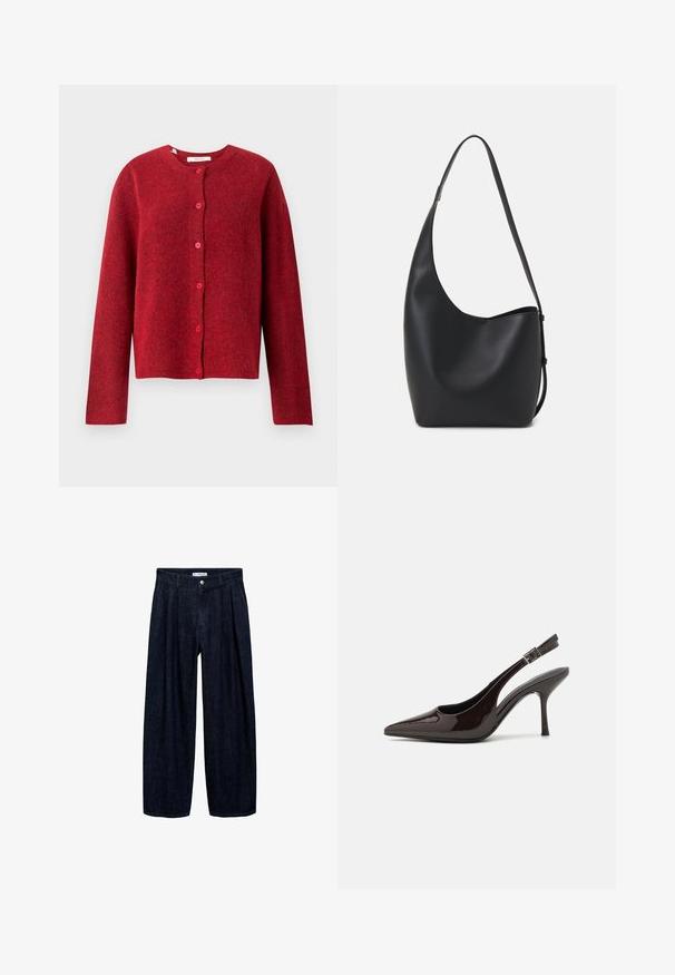 Selected Femme SLFLULU NEW NOOS - Kofta - equestrian red; Brun kortärmad t-shirt i mjuk bomull. Har en rund halsringning och en boxig passform, med en slät textur och inga synliga mönster.; Mörk denim vida byxor med veck vid midjan, med en framknapp och bältesögglor. Slät textur och helängdsdesign.; Högklackad slingback-sko i blankt mörkbrunt lackläder, spetsig tå, öppna sidor och justerbart ankelsnöre.; Svart läder hobo-väska med en slät textur, kurvig form och en justerbar axelrem; har en bred öppning upptill.