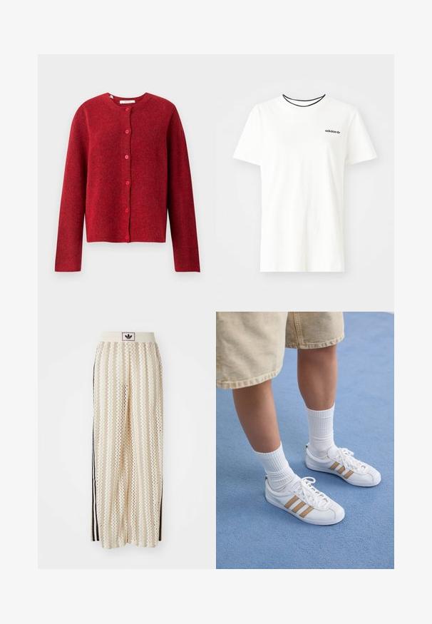Selected Femme SLFLULU NEW NOOS - Kardigán - equestrian red; Biela bavlnená tričko s krátkymi rukávmi a okrúhlym výstrihom. Obsahuje čierne logo Adidas na hrudi a kontrastný čierny vnútorný golier.; Béžové nohavice s širokými nohavicami a zigzagovými vzormi, s čiernym logom na páse a bočnými čiernymi pruhmi. Ľahká, textúrovaná látka.; Biele tenisky s tromi zlatými pruhmi, šnurovací dizajn, gumená podošva, nosené s rebrovanými bielymi ponožkami a béžovými šortkami na modrom povrchu.