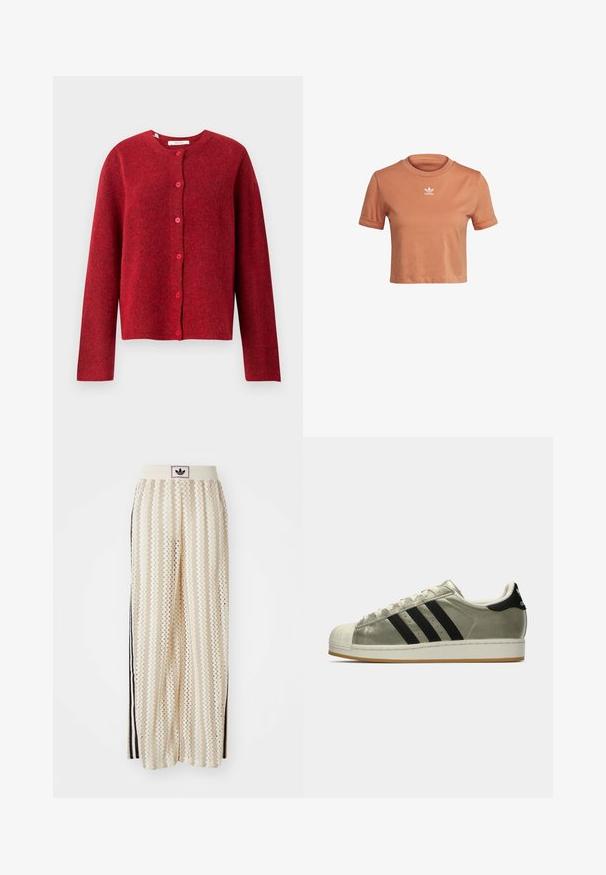 Selected Femme SLFLULU NEW NOOS - Kardiganas - equestrian red; adidas Originals TOP ADICOLOR ORIGINALS REGULAR T-SHIRT - Marškinėliai su spaudiniu - hazy copper; Grietos spalvos plačios kelnės su zigzagų raštu, turinčios juodą logotipo juostą ir šonines juodas juosteles. Lengvas, tekstūruotas audinys.; Adidas sportbačiai su metaliniu alyvuogių spalvos viršumi, trimis juodomis juostelėmis, guminėmis pirštų apsaugomis ir guminiu padu. Klasikinis dizainas su tekstūruota medžiaga.
