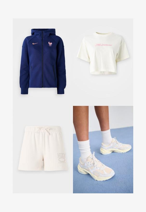 Sötétkék cipzáras kapucnis pulóver, puha anyagból készült, elülső zsebbel, francia focicsapat címerével és korall színű Nike logóval.; Rövid ujjú, krém színű, pamutból készült póló. A bal mellrészen rózsaszín hímezett logó található, amelyen a "Nike Sportwear" felirat olvasható. Kerek nyakú.; Világos bézs pamut sort, rugalmas derékpánttal, állítható zsinórral, és világosbarna "NIKE SPORTSWEAR" logóval az oldalon.; Karcsú sportcipők halvány sárga és fehér színben, hálós és szintetikus anyagokból készültek, lekerekített formával és texturált talppal rendelkeznek.
