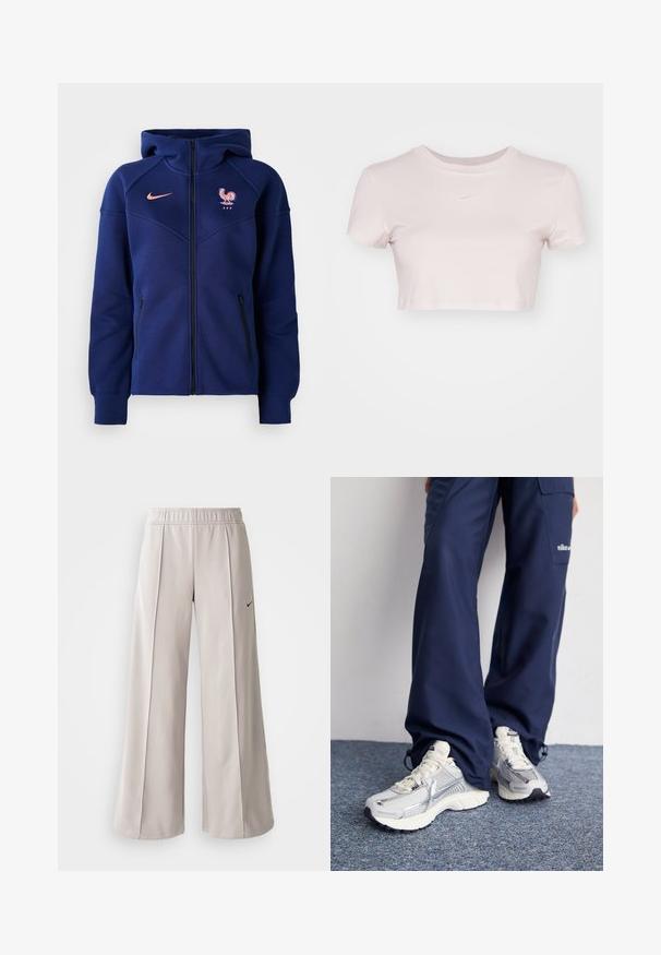 Tamnomodri zip-up dukserica iz mekog materijala, s kengurutski džepom, francuskim nogometnim grbom i Nike logotipom u koralj boji.; Kratka majica v svetlo rožnati barvi, izdelana iz mehke tkanine. Ima krojen izrez in kratke rokave ter majhen bel Nike logo na prsih.; Svetlo sivi široki hlače iz gladkega materiala. Imajo elastični pas in črni Nike logotip na levi strani.; Nike športni čevlji s srebrno mrežasto zgornjico, belimi poudarki in teksturiranimi podplati, v kombinaciji s sproščenimi temno modrimi hlačami.