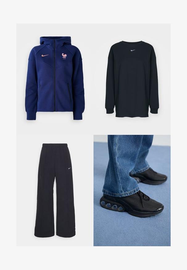 Sudadera con cremallera de color azul marino, hecha de tejido suave, cuenta con un bolsillo tipo canguro, el escudo del fútbol francés y el logo de Nike en color coral.; Camiseta negra de manga larga hecha de algodón con cuello redondo. Presenta un logo blanco de Nike en el pecho. Textura suave, diseño sencillo.; Pantalones de pierna ancha negros con una cintura elástica y un pequeño logo blanco de Nike. La tela tiene una textura suave, diseñada para la comodidad y el uso casual.; Zapatillas deportivas negras con parte superior de malla, acentos texturizados y cápsulas de amortiguación de aire visibles en la suela. Combinadas con jeans de mezclilla azul.