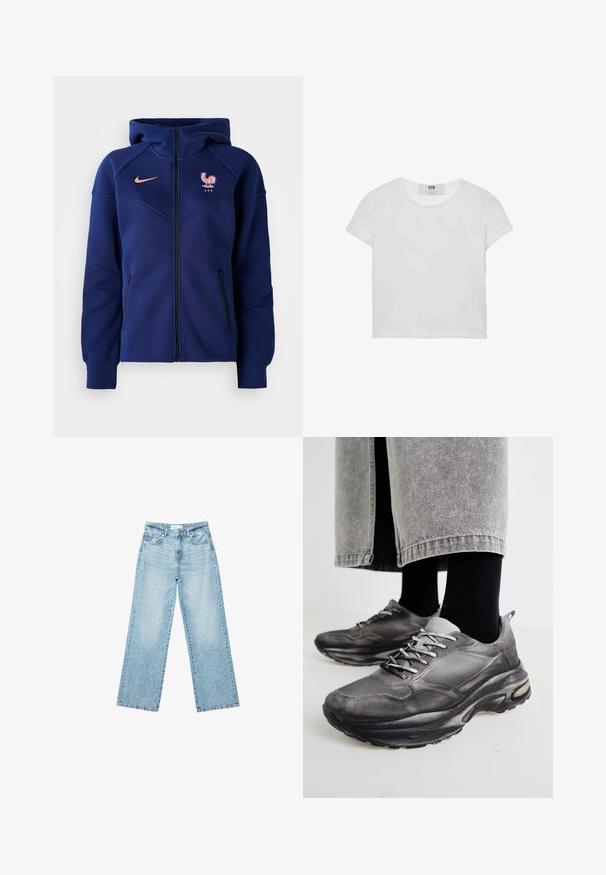 Felpa con zip di colore blu navy realizzata in tessuto morbido, dotata di tasca a marsupio, stemma del calcio francese e logo Nike in corallo.; T-shirt bianco a maniche corte e girocollo, realizzato in cotone morbido, con un design semplice e pulito, privo di motivi o dettagli visibili.; Jeans larghi in denim blu chiaro a vita alta, caratterizzati da un lavaggio sbiadito e da piccoli dettagli strappati sparsi.; Le scarpe da ginnastica nere e grigie presentano una tomaia in rete, suole spesse e lacci. Hanno una punta arrotondata e un dettaglio di ammortizzazione visibile.