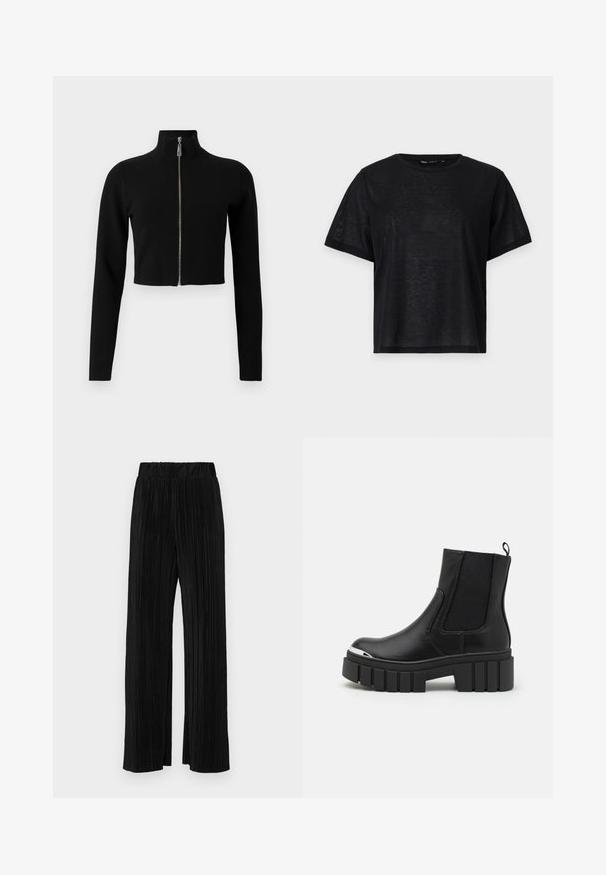 Casaco preto corto com gola alta, mangas longas e fecho de correr frontal; textura suave sem padrões ou detalhes de hardware visíveis.; T-shirt preto de manga curta com um corte descontraído, apresentando uma textura suave e um decote redondo. Tecido leve com um brilho subtil.; Calças pregueadas pretas com uma cintura elástica. Apresentam pernas largas e um tecido liso, texturizado com riscas verticais.; Botas de tornozelo pretas feitas de couro liso, com painéis elásticos, uma sola de plataforma grossa e uma biqueira metálica.