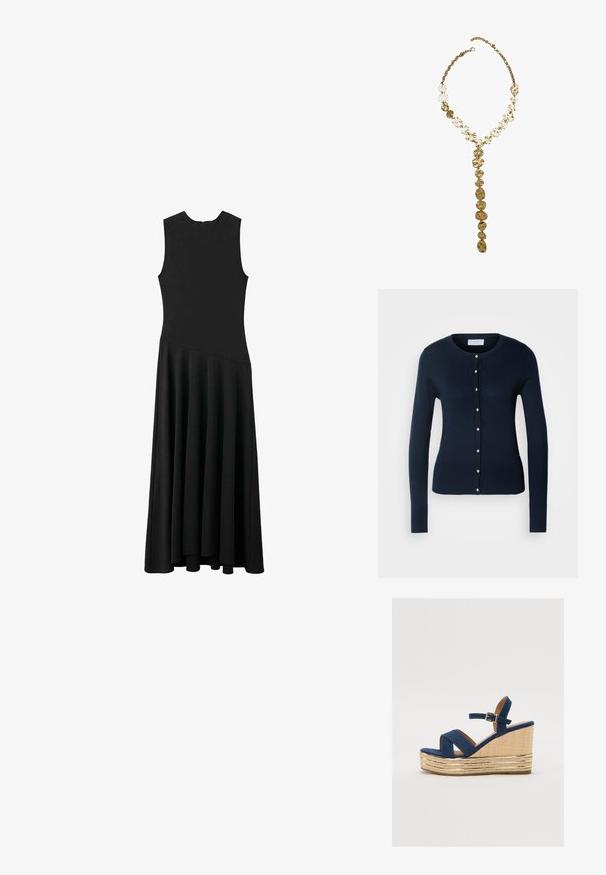 Mornarsko plavi pleteni kardigan s dugim rukavima, rebrastim manžetama i prednjim kopčanjem na dugmad s malim zlatnim dugmadi.; Crna maksi haljina bez rukava sUskim tijelom i lepršavom suknjom, s glatkom teksturom i minimalističkim dizajnom, bez vidljivih kopčanja.; Tamnoplava platform sandalica s križnim trakama, teksturirana platforma od prirodne vlaknaste materije, i zlatni metalni detalj na bazi.; Ogrlica od metalnog materijala u zlatnoj boji s nepravilan teksturiranim karikama i Y-oblikovanim privjeskom, naglašena središnjim privjeskom koji podsjeća na slojevite kovanice.