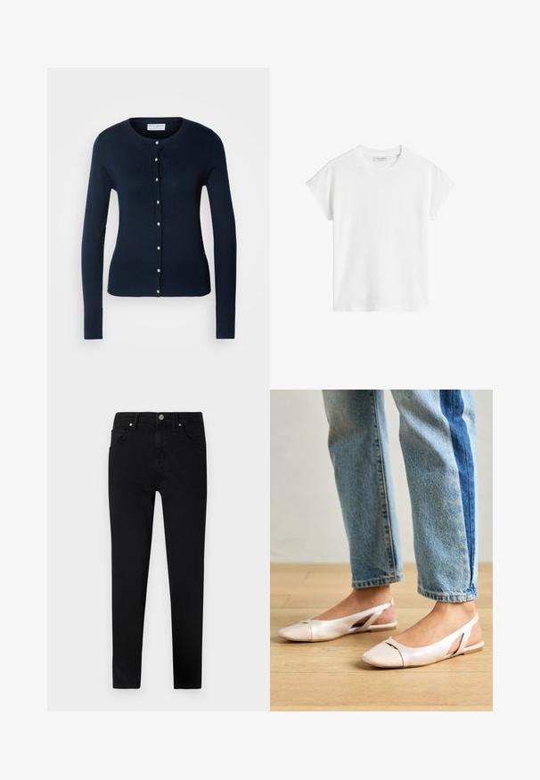 Cardigan tricotado azul marinho com mangas longas, punhos canelados e fecho frontal com botões pequenos em tom dourado.; T-shirt branco de manga curta feito de algodão. Apresenta um corte descontraído com decote redondo e costuras de ombro ligeiramente caídas. Sem padrões ou detalhes.; Jeans de ganga preta com um corte slim, apresentando um fecho frontal por botão, passantes para cinto e design clássico de cinco bolsos. Textura suave.; Sapatilhas slingback de cor rosa pálido com bico fino, feitas de um material semelhante a couro liso. Apresentam detalhes recortados nas laterais e um salto plano.
