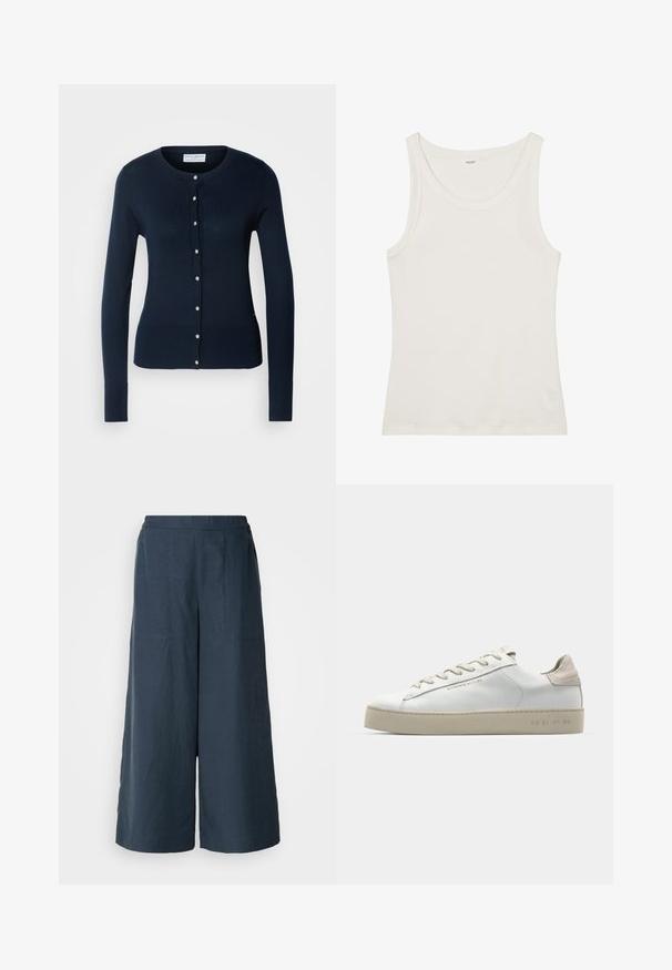 Cardigan lavorato a maglia blu navy con maniche lunghe, polsini a coste e chiusura con bottoni sul davanti, dotato di piccoli bottoni in tonalità oro.; Top in cotone bianco a spalla larga con spalline sottili. Tessuto liscio senza motivi visibili o decorazioni.; Pantaloni a gamba larga di colore blu navy, realizzati in tessuto leggero. Presentano una superficie leggermente texture, una vita elastica e cuciture frontali.; Sneaker bianca in pelle con finitura liscia, dettagli in suede beige, punta rotonda, design con stringhe piatte e suola in gomma testurizzata.