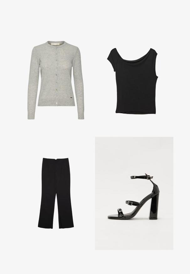 Vaaleanharmaa neulecardigan, joka on valmistettu teksturoidusta kankaasta. Siinä on pyöreä pääntie, täyspitkät hihat ja nappikiinnitys, jossa on erivärisiä nappeja.; Musta lyhythihainen paita, joka on valmistettu sileästä kankaasta; siinä on laskeutuva kaula-aukko ja epäsymmetrinen helma, sekä istuva malli.; Mustat housut suoralinjaisella leikkauksella, joissa on etutaskut ja sivurei'ät helman alla. Valmistettu pehmeästä ja sileästä kankaasta. Sopii eri tilaisuuksiin.; Musta kiiltävä korkokenkä sandaalit neliönmuotoisella varpaalla, nilkkaremmillä ja hopeisilla soljilla. Varustettu tukevalla lohkokorkealla vakauden takaamiseksi.