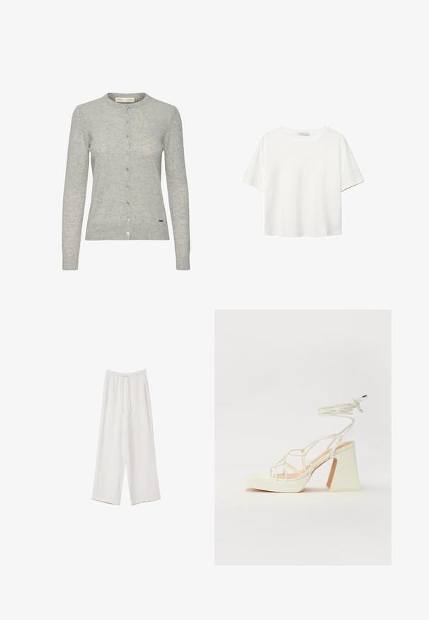 Svetlo sivi kardigan narejen iz teksturirane tkanine, z okroglo ovratnico, dolgimi rokavi in gumbnim zapiranjem z gumbi različnih barv.; Bela kratka majica s kratkimi rokavi iz bombaža. Ima okroglo izrezovanje in sproščen kroj. Gladka tekstura brez vidnih vzorcev ali poudarkov.; Bele široke hlače iz lahkega materiala. Imajo elastičen pas s vrvico in stranske žepe. Gladka tekstura.; Bela sandala na visokih petah s debelim petam, ki ima obliko trakcev in vezanje okoli gležnja. Gladka tekstura z platformo spredaj za dodatno višino.