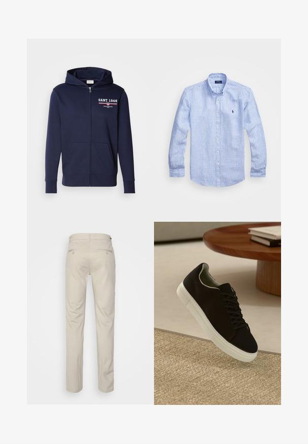 Sudadera con cremallera de color azul marino hecha de tela suave, con un logo "GANT 1949" en blanco y rojo. Incluye bolsillos frontales y una capucha con cordón.; Camisa de manga larga a rayas azul y blanca hecha de algodón, con cuello de botón, botones en el frente y un pequeño logo bordado en el pecho.; Pantalones beiges con una textura suave, corte recto, dos bolsillos traseros con botones y una cinturilla estándar.; Zapatilla negra con suela blanca flotando sobre una alfombra texturizada beige cerca de una mesa redonda de madera con libros apilados.