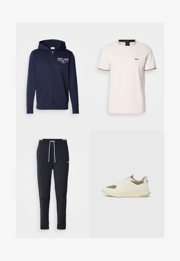 Navy blue zip-up hoodie made from soft fabric featuring a logo "GANT 1949" in white and red. Includes front pockets and a drawstring hood.; Light pink t-shirt made of cotton. Crew neck with contrasting black ribbed trim. Small black "BOSS" logo on the chest. Short sleeves.; Black slim-fit jogger pants with white drawstring, elastic waistband with white stripes, and small white logo on the upper thigh.; White and light beige athletic sneaker, featuring a mesh upper, perforated detailing, and a textured midsole with branding on the heel.