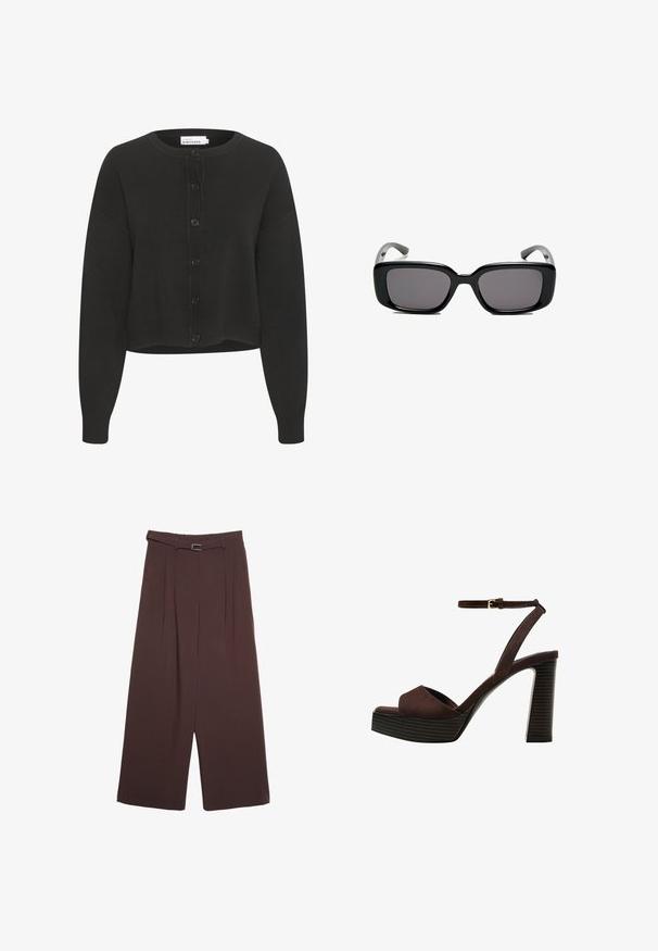 Schwarze, kurz geschnittene Strickjacke aus weichem Stoff, mit rundem Ausschnitt, langen Ärmeln und einer Vorderseite mit sechs Knöpfen.; Dunkelgraues Kurzarmoberteil mit Bootsausschnitt. Hergestellt aus geripptem Stoff, mit lockerer Passform und sauberem Saum. Einfaches Design, ohne Muster.; Stradivarius WIDE-LEG WITH BUCKLE DETAIL - Stoffhose - dark brown; Braune Wildleder-Pumps mit offenem Zeh, verstellbarem Knöchelriemen und gestreiftem Plateausohlen.; Schwarze rechteckige Sonnenbrille mit dunklen Gläsern, glattem Kunststoffrahmen und gebogenen Bügeln. Das Design ist klobig mit einer minimalistischen Ästhetik.