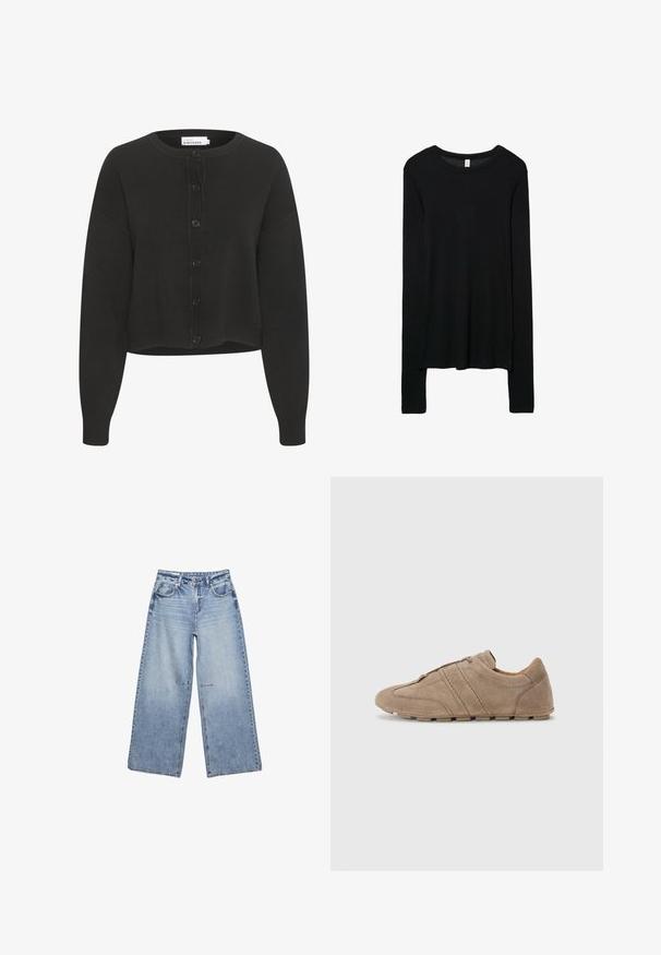 Cardigan nero corto realizzato in un tessuto morbido, con collo rotondo, maniche lunghe e chiusura frontale con sei bottoni.; Maglietta nera a maniche lunghe, realizzata in un morbido materiale a maglia. Collo tondo, forma aderente e maniche allungate con una leggera forma svasata.; Jeans larghi azzurri realizzati in denim, con vita alta, cinque tasche e un leggero sbiadimento, dotati di orli grezzi.; Scarpe in suede beige a profilo basso, con linee cucite e una superficie testurizzata, completate da suole in gomma antiscivolo.