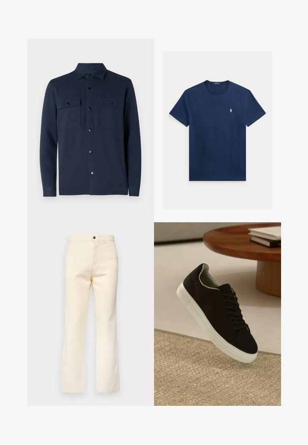 Camisa de botones azul marino hecha de un tejido suave, con dos bolsillos en el pecho, un collar pointed y un dobladillo recto. Sin patrones ni acentos visibles.; Camiseta de algodón azul marino con cuello redondo, mangas cortas y un pequeño logotipo bordado en blanco en el lado izquierdo del pecho.; Jeans de algodón color crema con un diseño de pierna recta, que cuentan con un cierre frontal de botón y un estilo de cinco bolsillos estándar.; Zapatilla negra con suela blanca flotando sobre una alfombra texturizada beige cerca de una mesa redonda de madera con libros apilados.